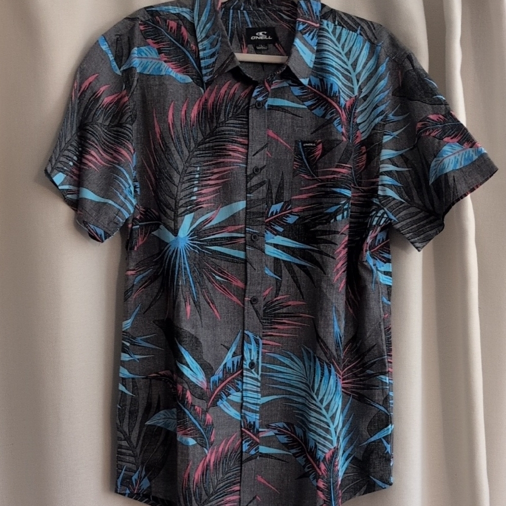 O'Neill Black and Blue Tropical Button Down Shirt EUC Size L